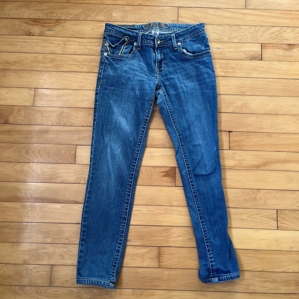 Von Dutch Blue Slim Straight Jeans Wing Embroidery Low Rise Size 28 USA Made